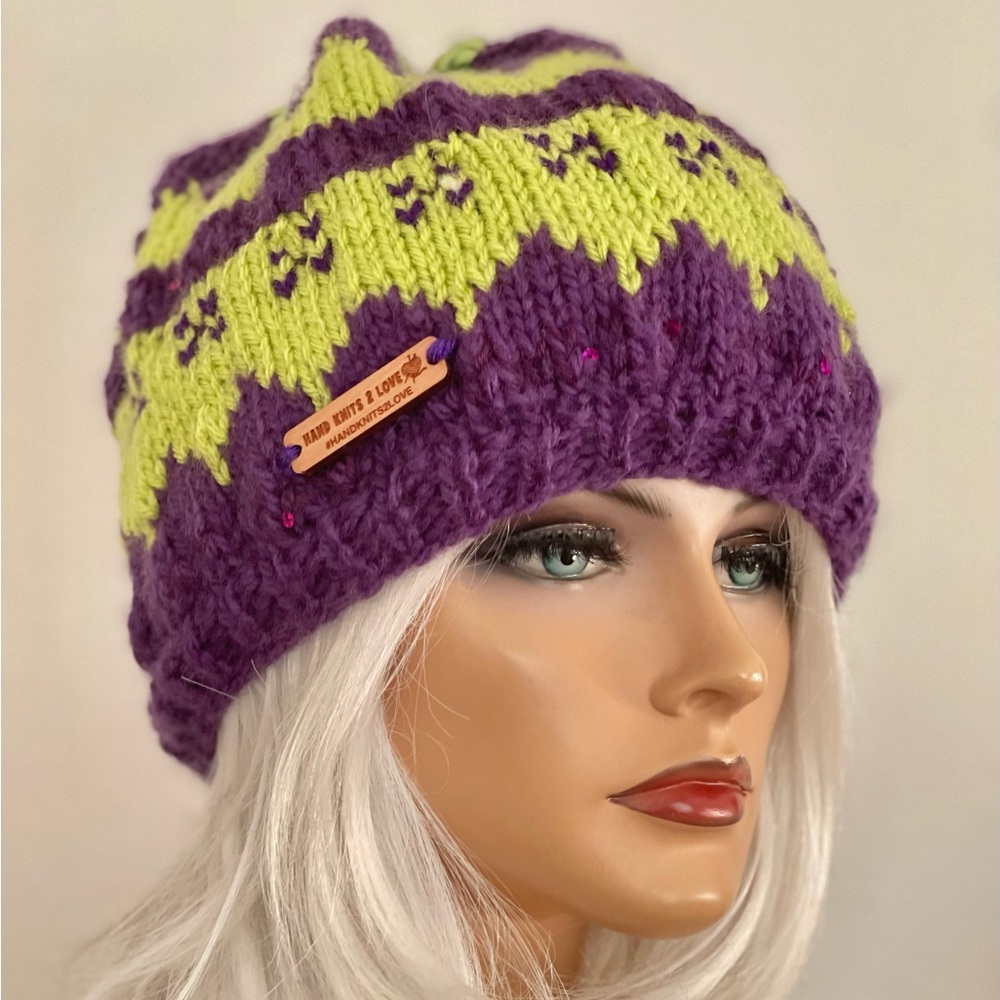 Hand Knits 2 Love Beanie Hat Cap Fair-isle Tassel Beads Sequence Purple Lime